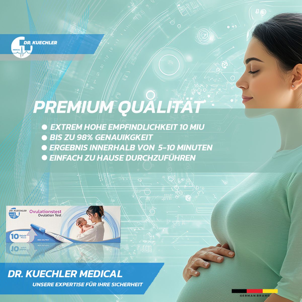 Dr. Kuechler Medical Ovulationstest 10 Stück - Extrem Sensibler LH Schnelltest 10 Miu für Kinderwunsch und fruchtbare Tage - Eisprungtest für Frauen, Ergebnis in 5-10 Minuten