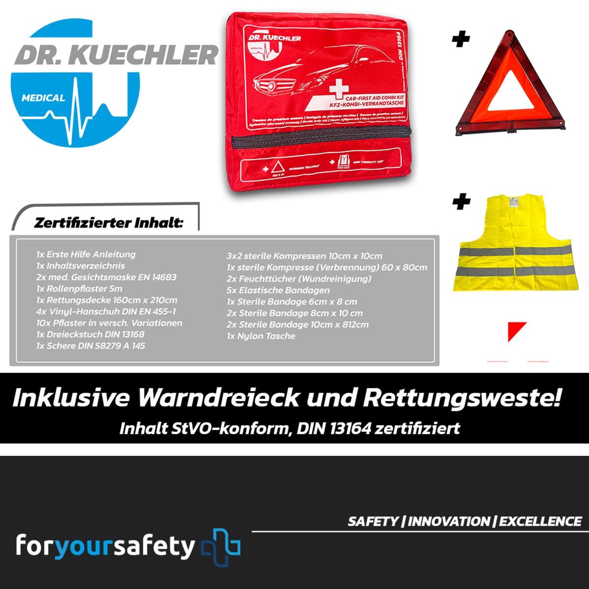 Dr. Kuechler Medical KFZ Verbandtasche Auto DIN 13164 Warndreieck Warnweste