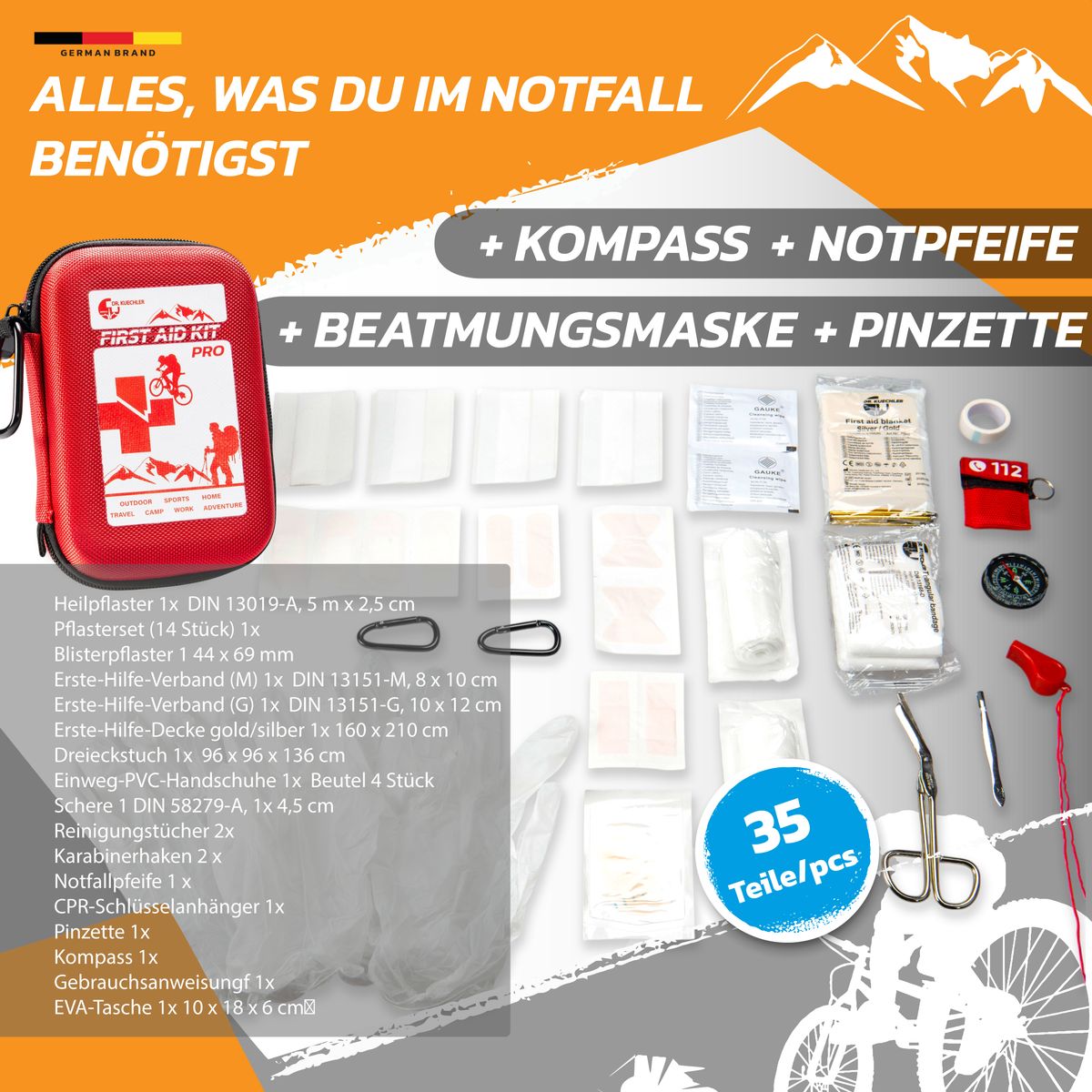 Outdoor Premium Erste-Hilfe-Set PRO -35 Teile inkl. Kompass, Pfeife